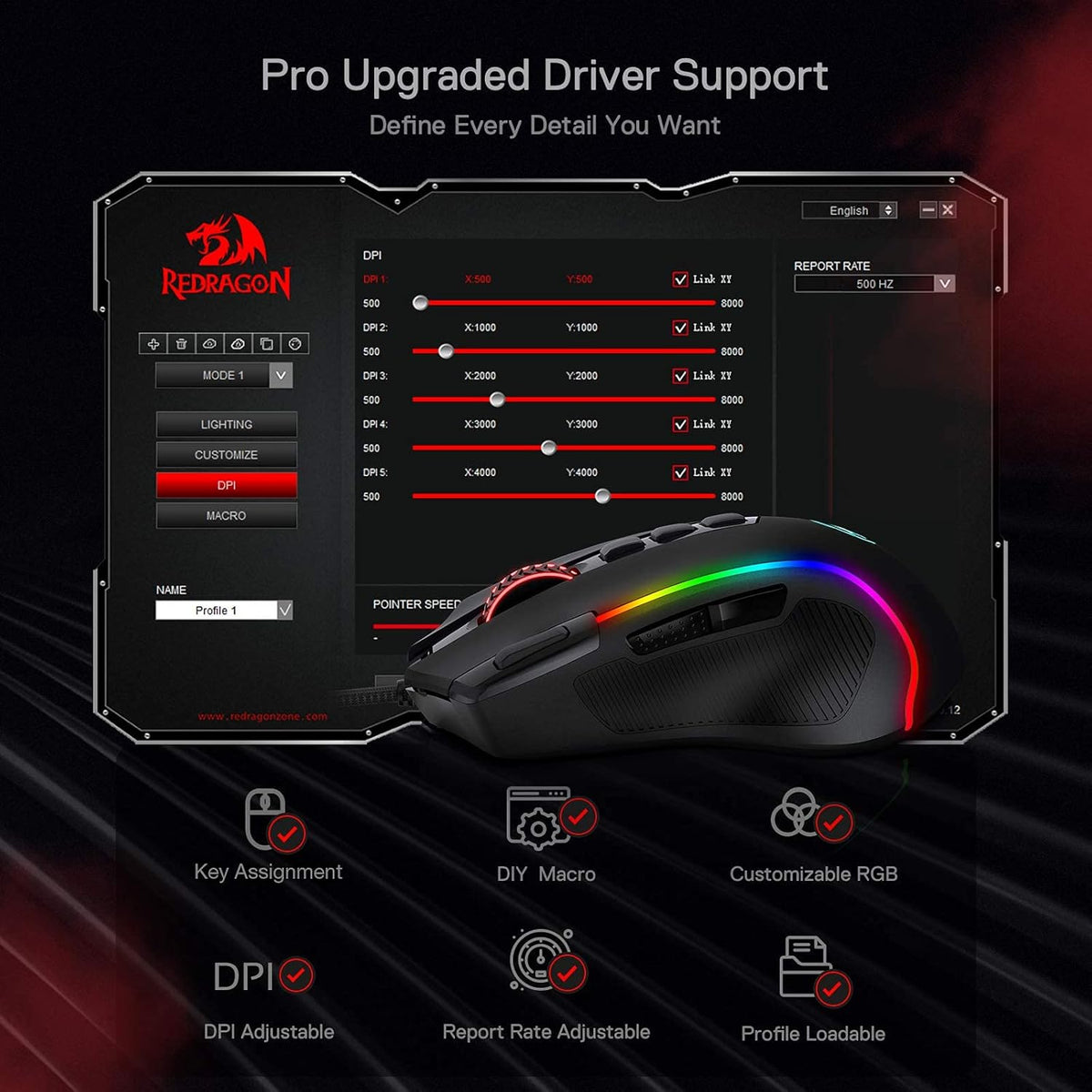 M612 Wired RGB Optical Gaming Mouse 8000 DPI Remapping Keys