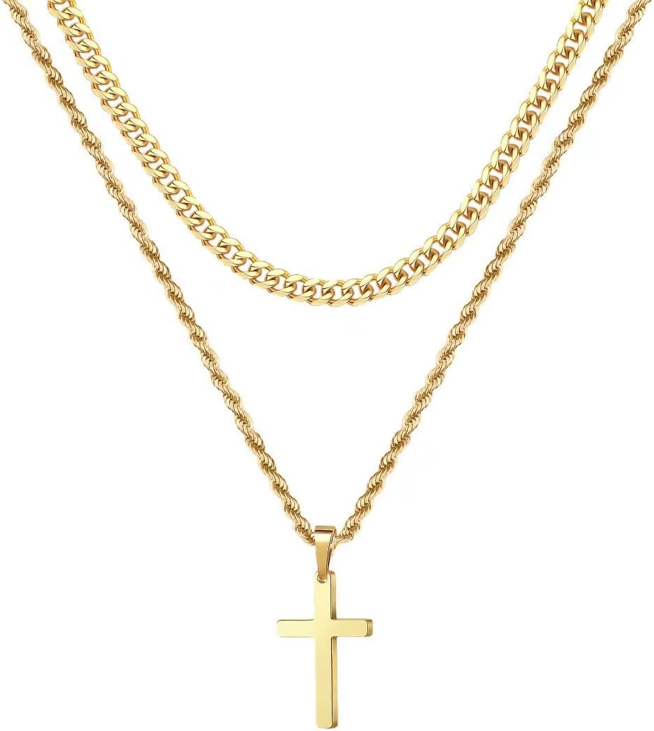 Stylish Layered Cross Necklaces for Men - 18K Gold Plated & Silver Rope Chains, Perfect Gift for Boys & First Communion, Available in Multiple Lengths (16"-24")