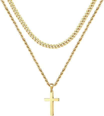 Stylish Layered Cross Necklaces for Men - 18K Gold Plated & Silver Rope Chains, Perfect Gift for Boys & First Communion, Available in Multiple Lengths (16"-24")
