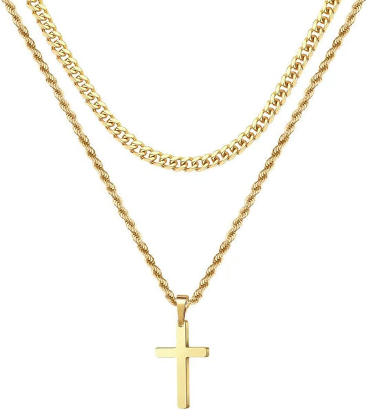 Stylish Layered Cross Necklaces for Men - 18K Gold Plated & Silver Rope Chains, Perfect Gift for Boys & First Communion, Available in Multiple Lengths (16"-24")