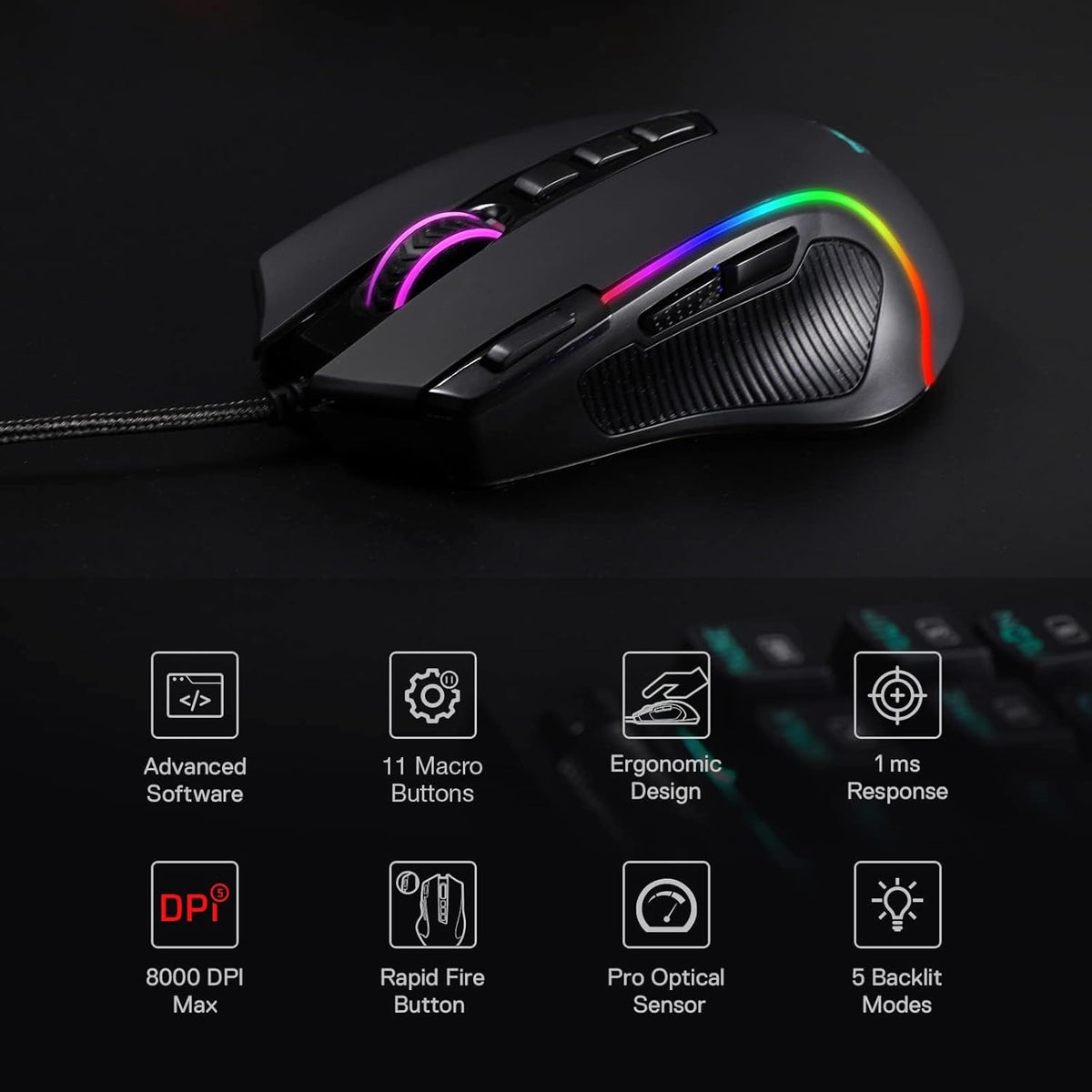 M612 Wired RGB Optical Gaming Mouse 8000 DPI Remapping Keys