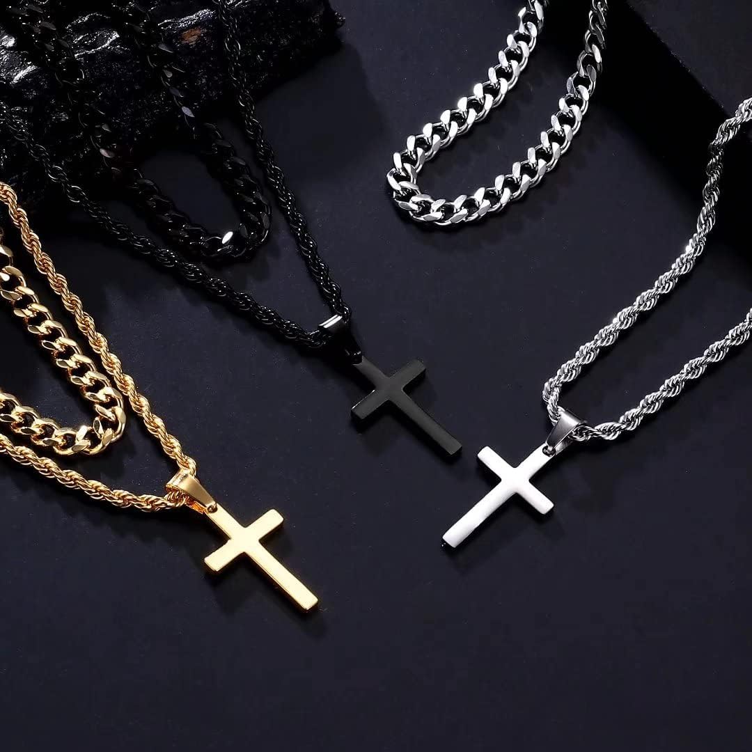 Stylish Layered Cross Necklaces for Men - 18K Gold Plated & Silver Rope Chains, Perfect First Communion Gifts for Boys, Available in Multiple Lengths (16-24 Inch)