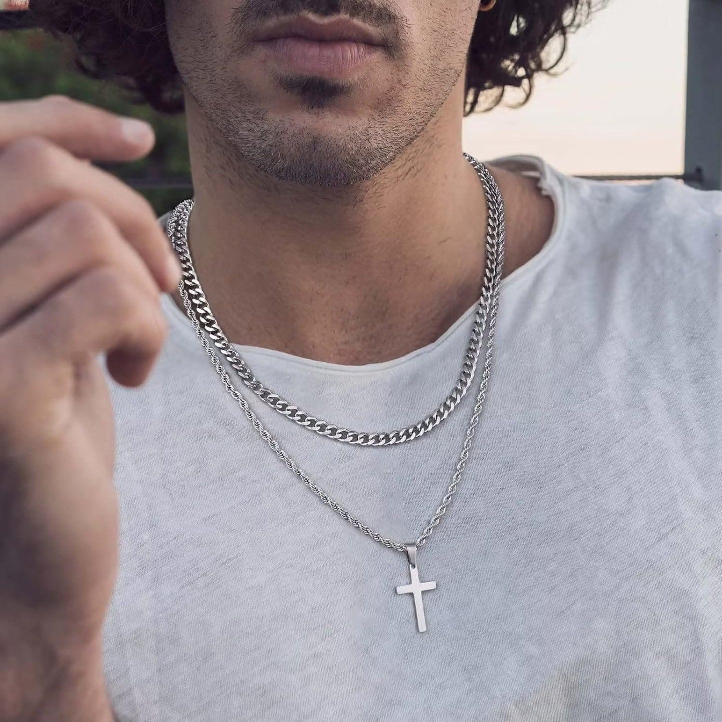 Stylish Layered Cross Necklaces for Men - 18K Gold Plated & Silver Rope Chains, Perfect Gift for Boys & First Communion, Available in Multiple Lengths (16"-24")